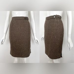 VTG VALENTINO MISS V ITALY BROWN SILK WINDOWPANE PATTERN PENCIL SKIRT SIZE 40 6